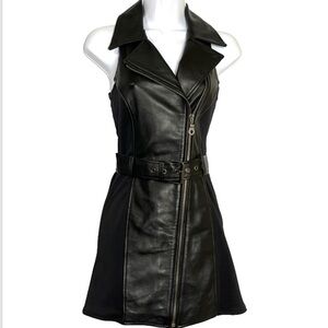 Y2K Leather Biker Vest Mini Dress Full Zip Belted Moto Punk Rocker Goth Club XS